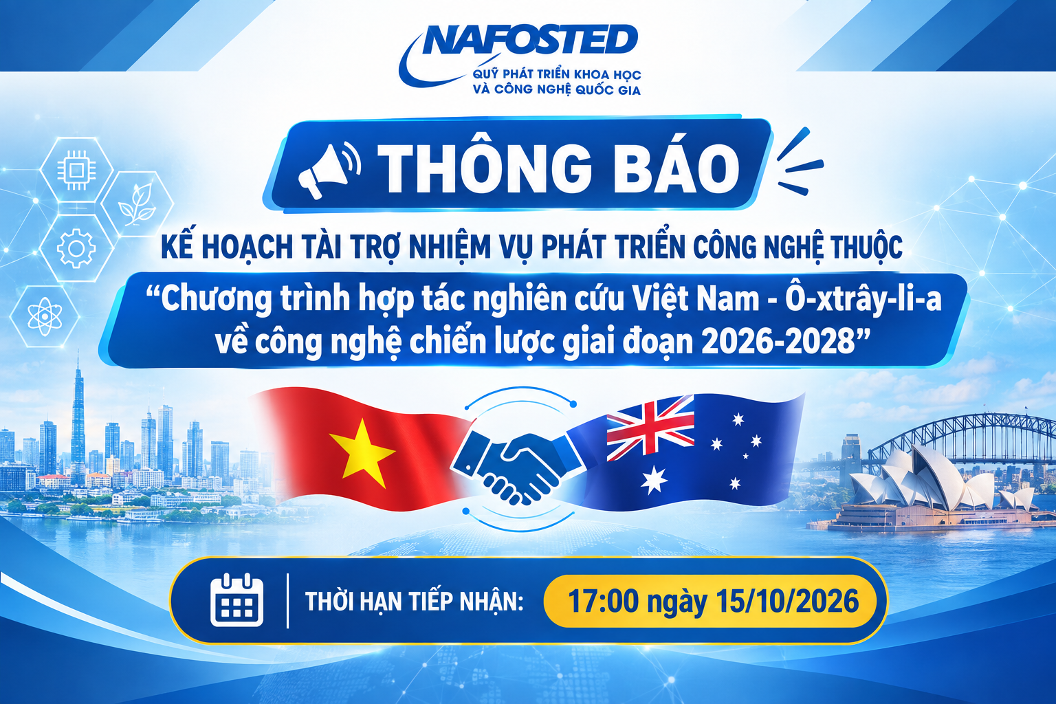 Thông báo kế hoạch tài trợ nhiệm vụ phát triển công nghệ thuộc “Chương trình hợp tác nghiên cứu Việt Nam - Ô-xtrây-li-a về công nghệ chiến lược giai đoạn 2026-2028”